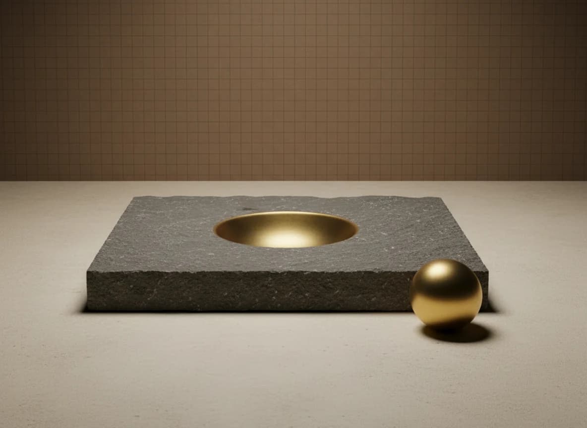 A polished brass sphere resting on the floor beside a rough stone slab pressed with an empty hollow exactly its shape