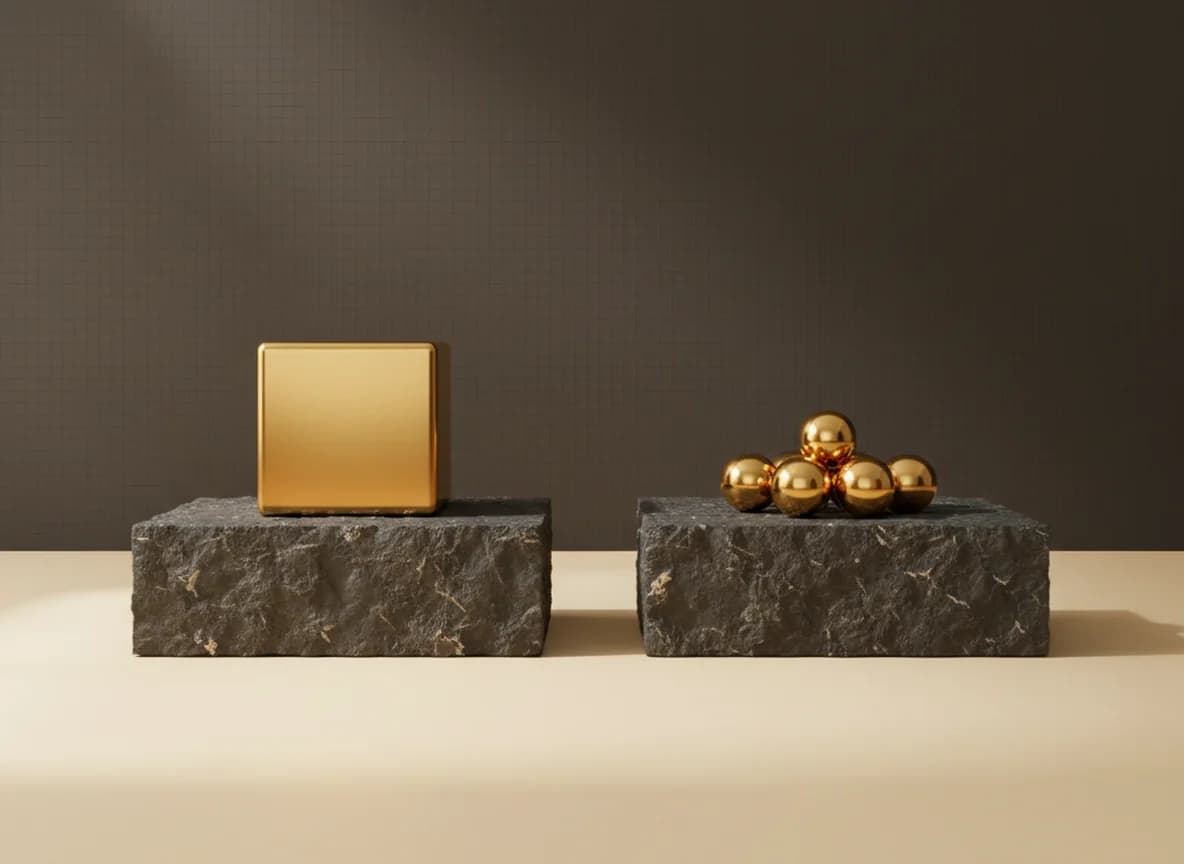 Two stone plinths side by side, one holding a single large gold cube and the other a cluster of small gold spheres