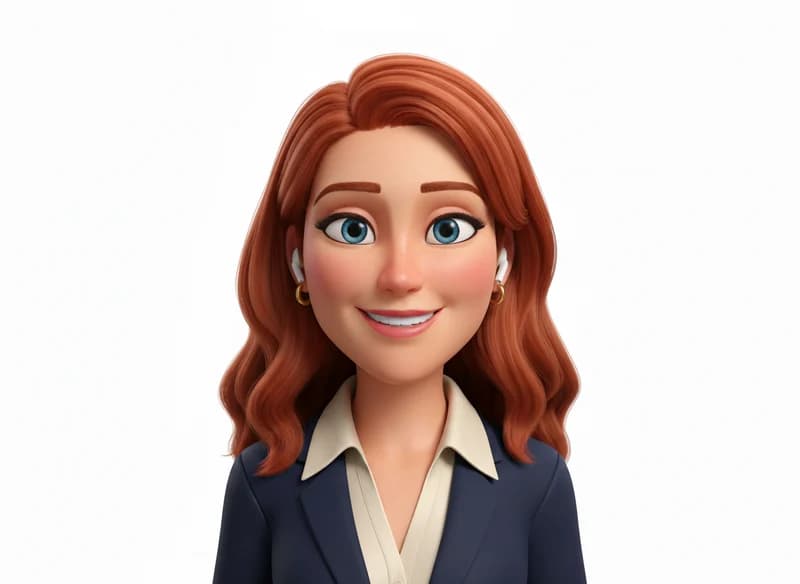 Danielle, a 3D cartoon character in a navy blazer, on a headset call at her desk with a calendar open on her laptop