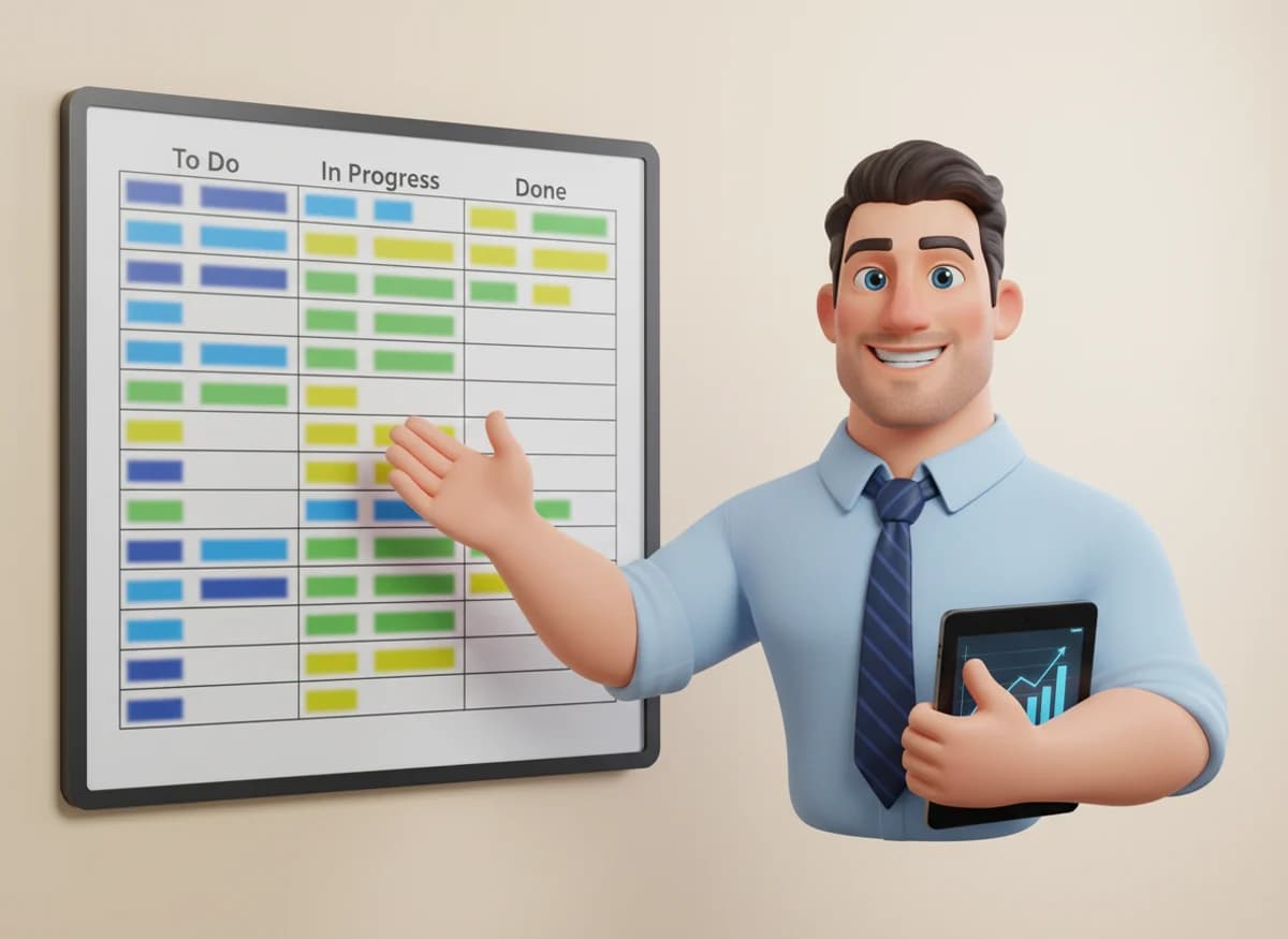 Bruce, a 3D cartoon character in a light blue shirt and tie, holding a tablet beside a pipeline board
