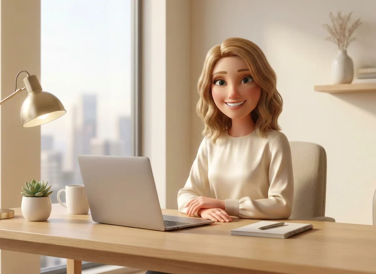 Alice, the Multiply Revenue live chat AI agent, smiling at a desk with a laptop in a bright office