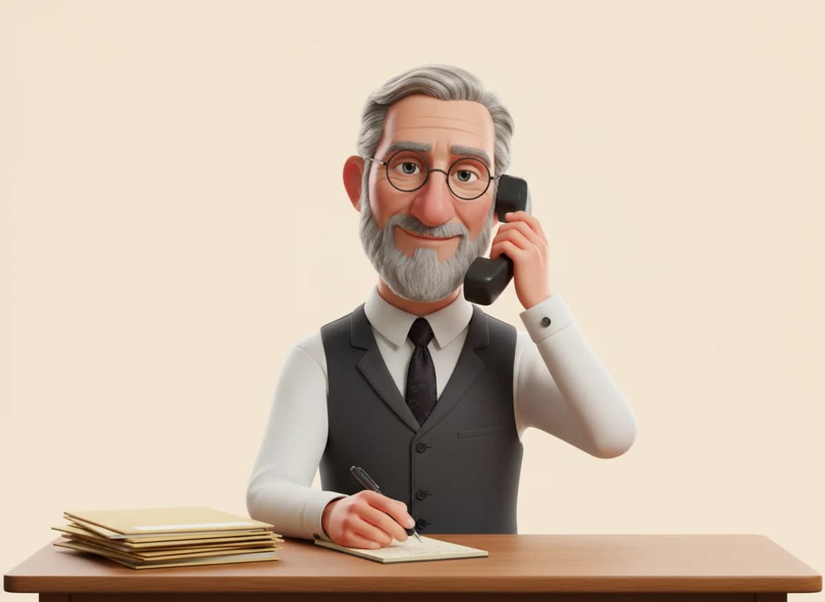 Larry, a 3D cartoon character with silver hair, glasses and a waistcoat, on a landline phone at a desk of folders