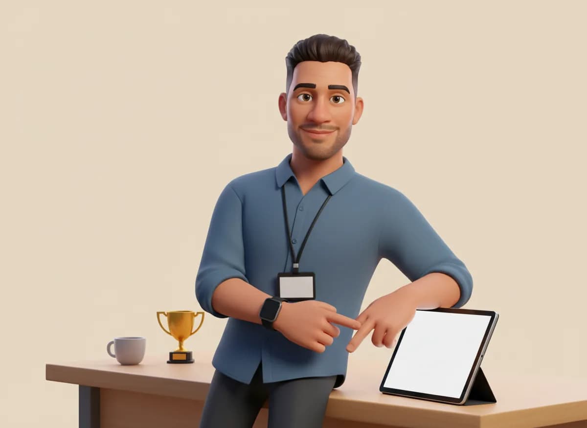 Max, a 3D cartoon character in a slate blue shirt and lanyard, leaning on a desk and pointing at a tablet beside a small gold trophy
