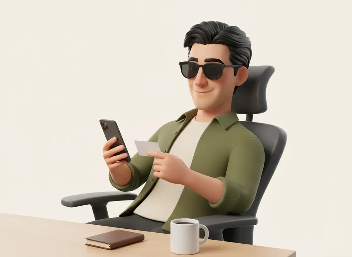 Mike, a 3D cartoon character in sunglasses and an olive overshirt, leaning back in his chair reading a post on his phone with a coffee beside him