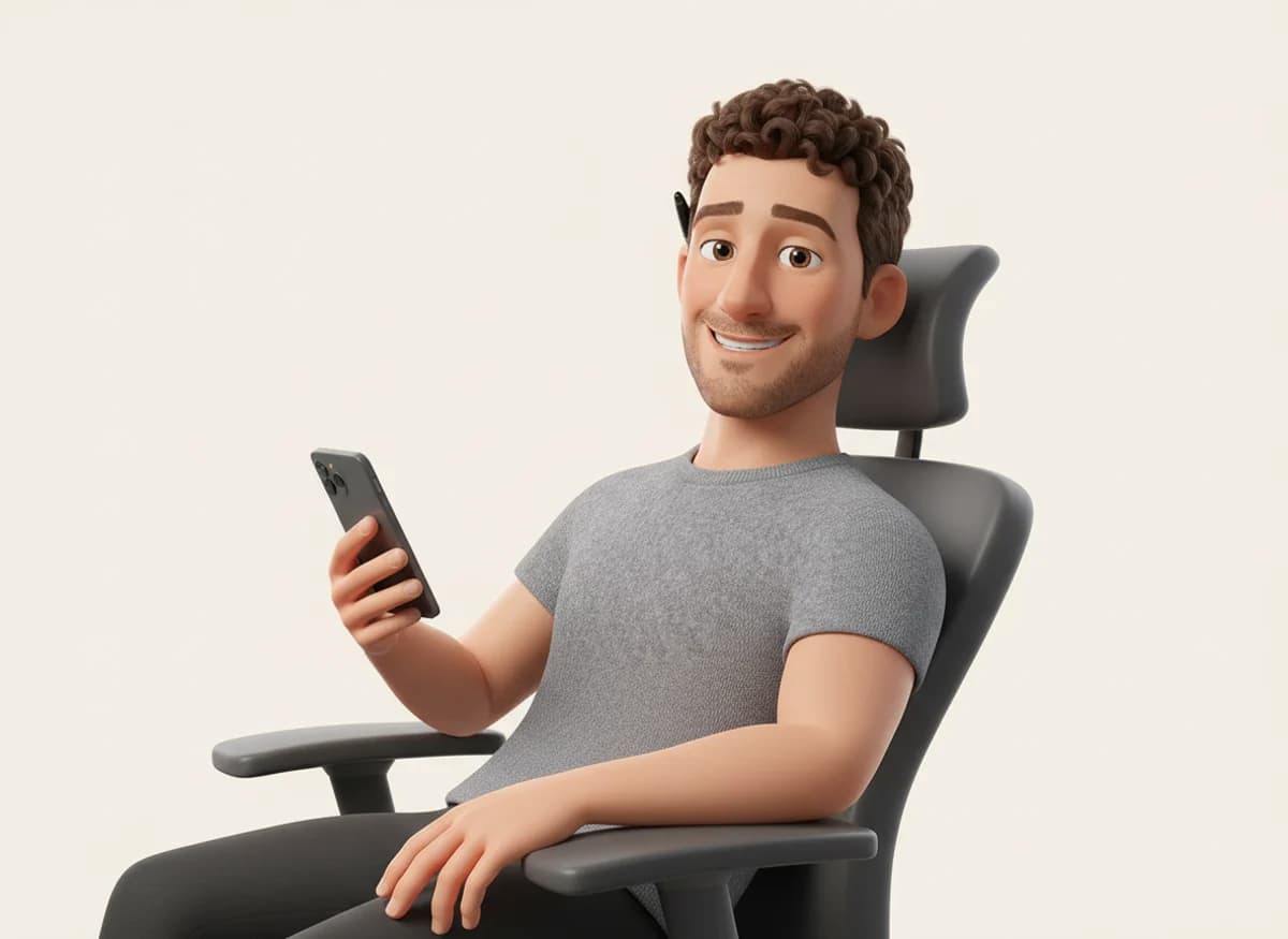 Theo, a 3D cartoon character in a grey sweater, leaning back in a chair typing a message on his phone