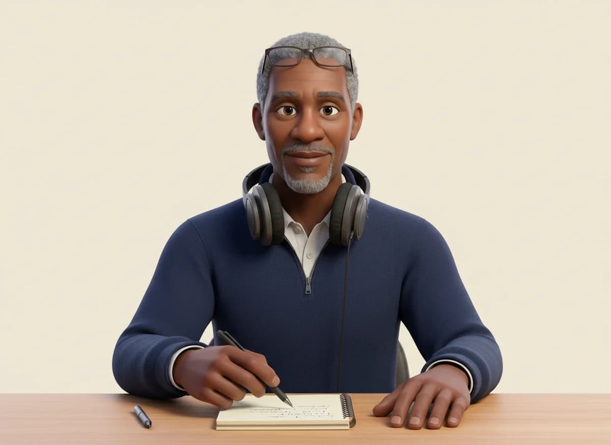 Walt, a 3D cartoon character in a navy quarter-zip with headphones around his neck, pointing at a note
