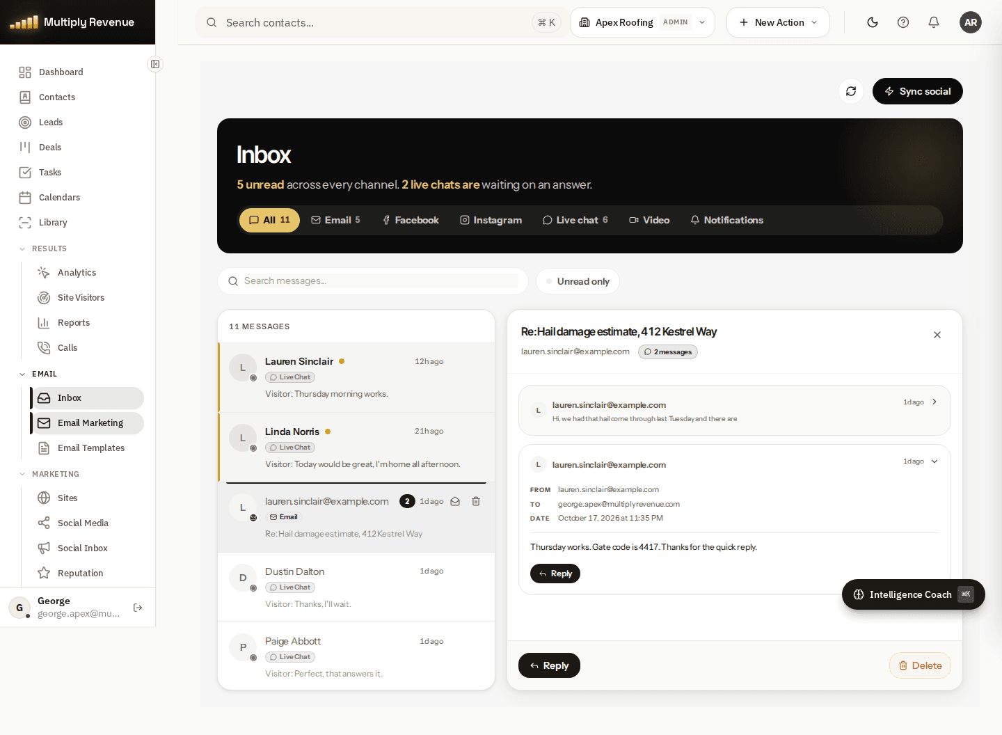 The Multiply Revenue unified inbox: calls, texts, emails and chats on one timeline per contact