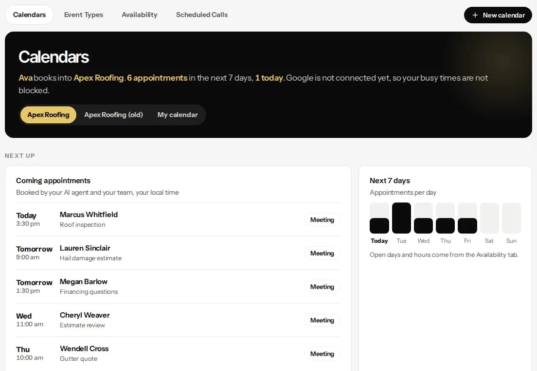 The Calendars screen with the coming appointments booked by the AI agent and the team, and appointments per day for the next seven days