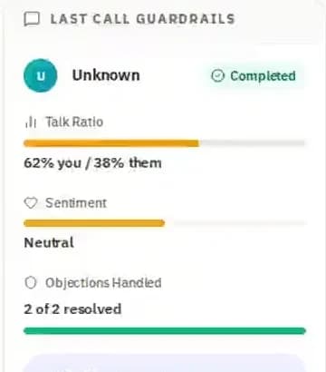 The coach's review of the last call showing talk ratio, sentiment and objections handled