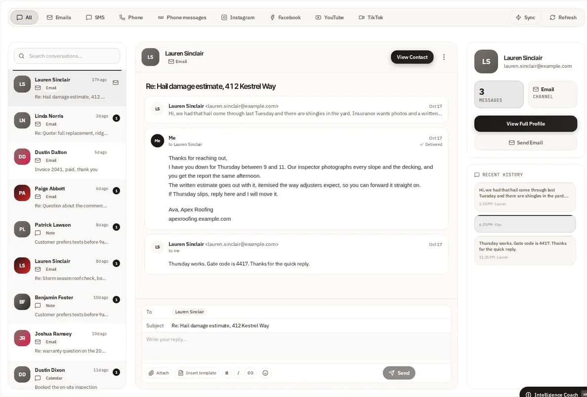 The unified inbox showing an email thread with a customer and her contact details beside it