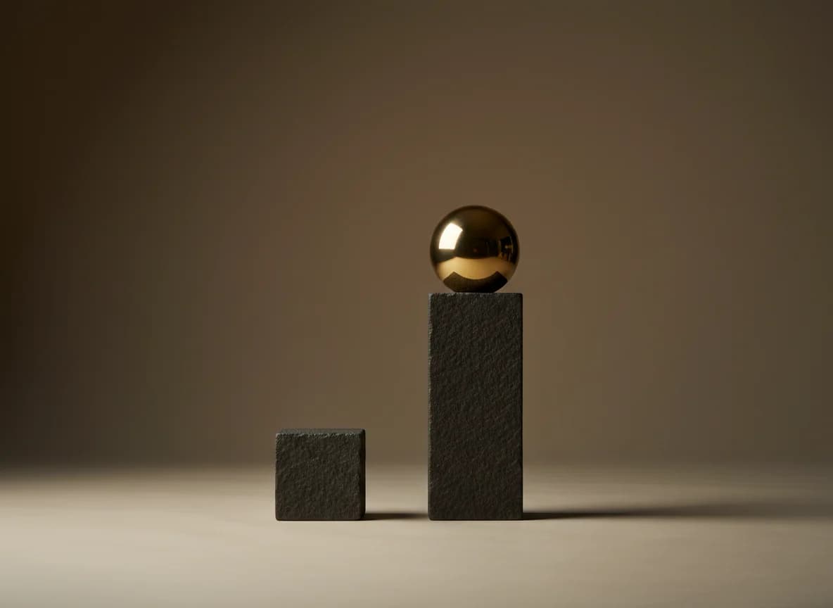 A polished brass sphere resting on the taller of two charcoal stone blocks