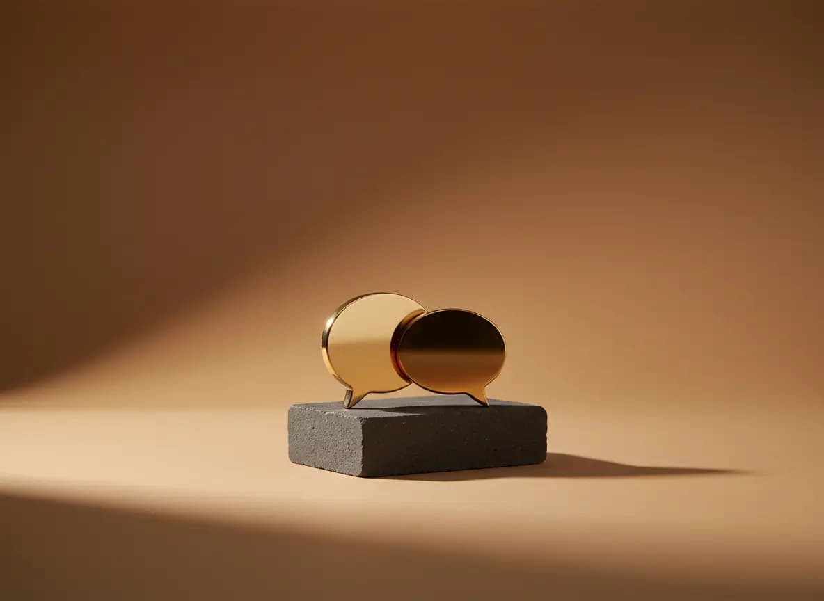 Two small rounded brass speech bubble shapes, one slightly overlapping the other, on a low charcoal stone block