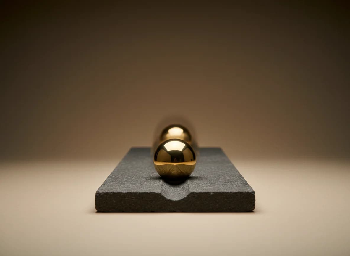 Two polished brass spheres resting on a charcoal stone plate, one just ahead of the other