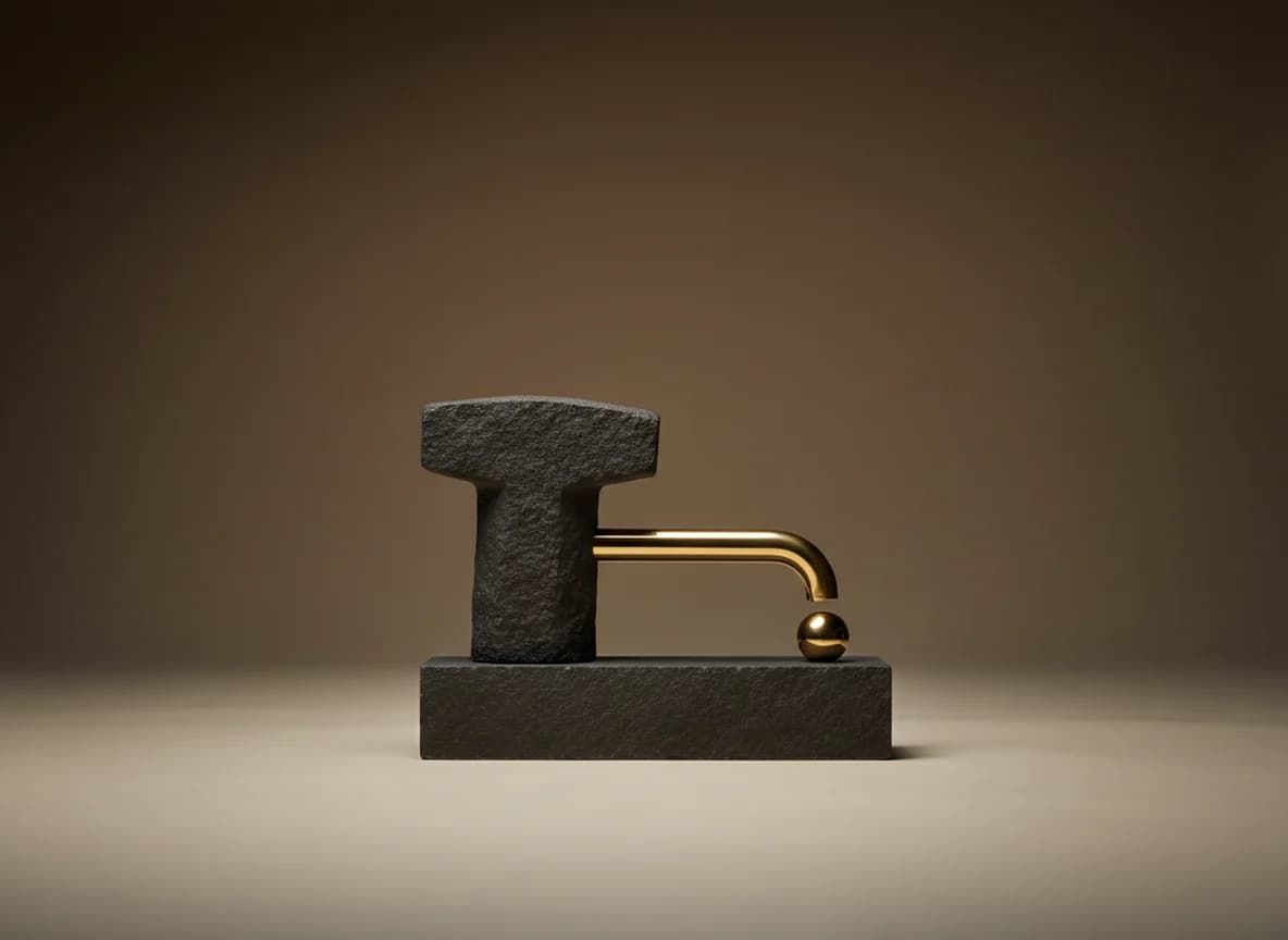 Plumbing: the platform at work, as a studio still life in brass and stone