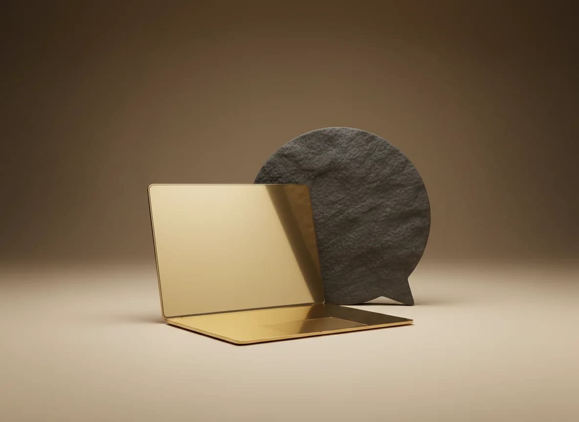 A brass laptop with a stone speech bubble resting against its lid