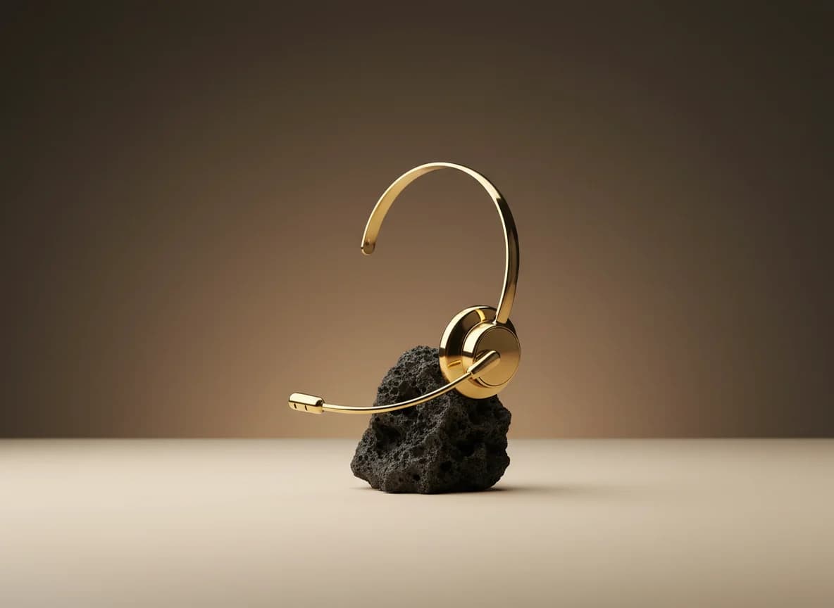 A brass call-centre headset resting on a charcoal stone