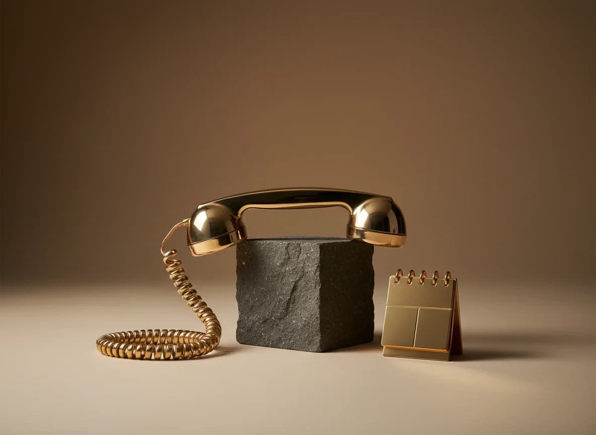 A brass telephone handset resting on a charcoal stone block beside a small brass calendar
