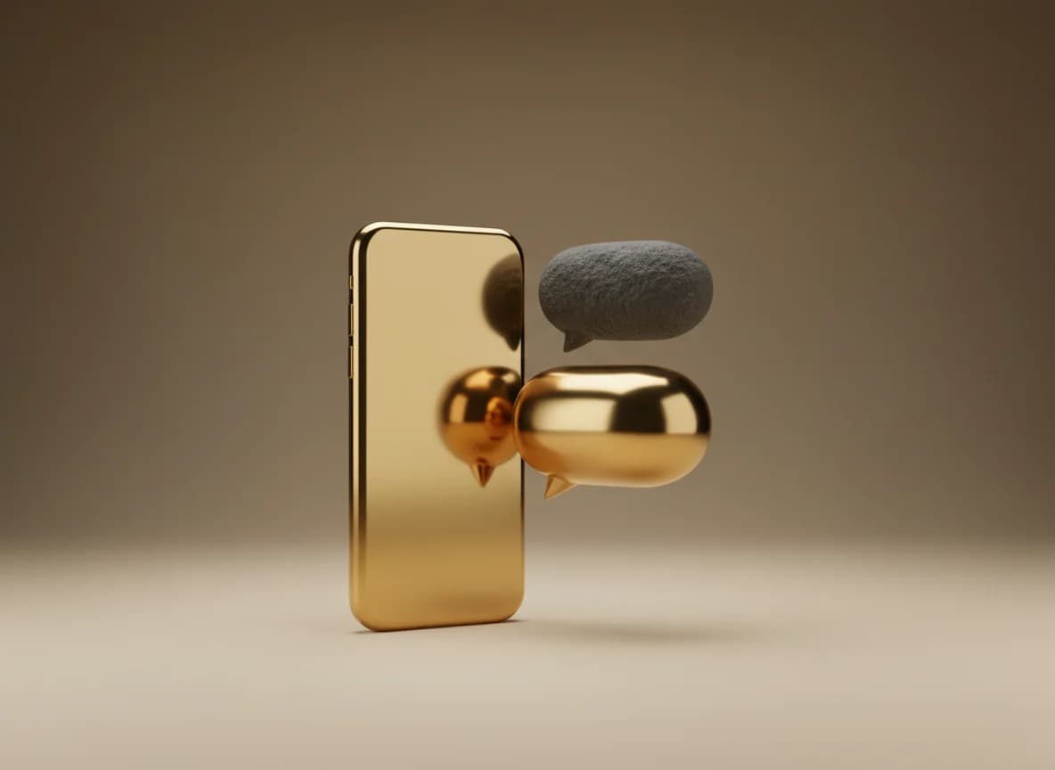 A brass smartphone with two speech bubbles beside it, like a text conversation