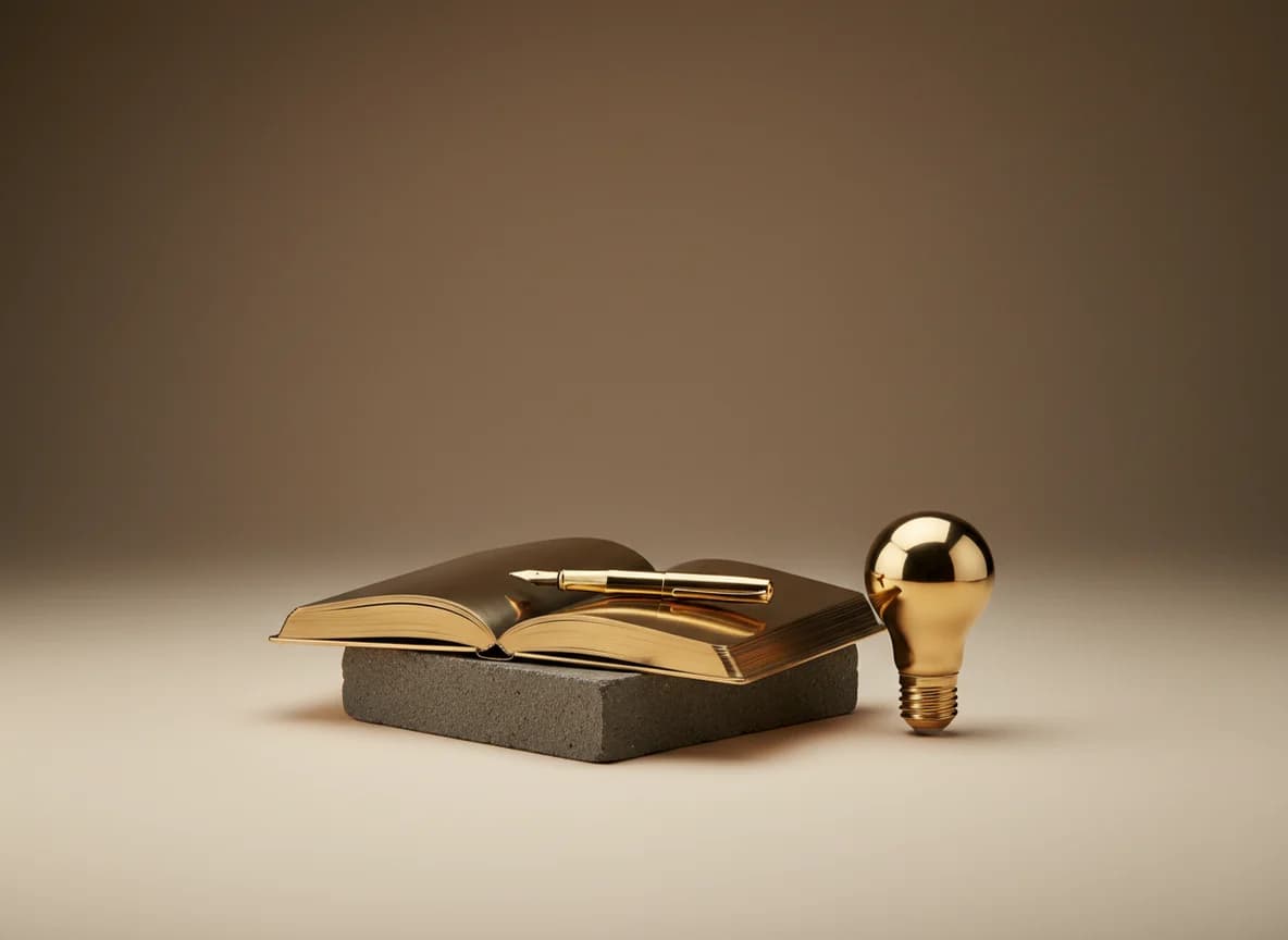 An open brass notebook with a pen and a small brass lightbulb on a stone block
