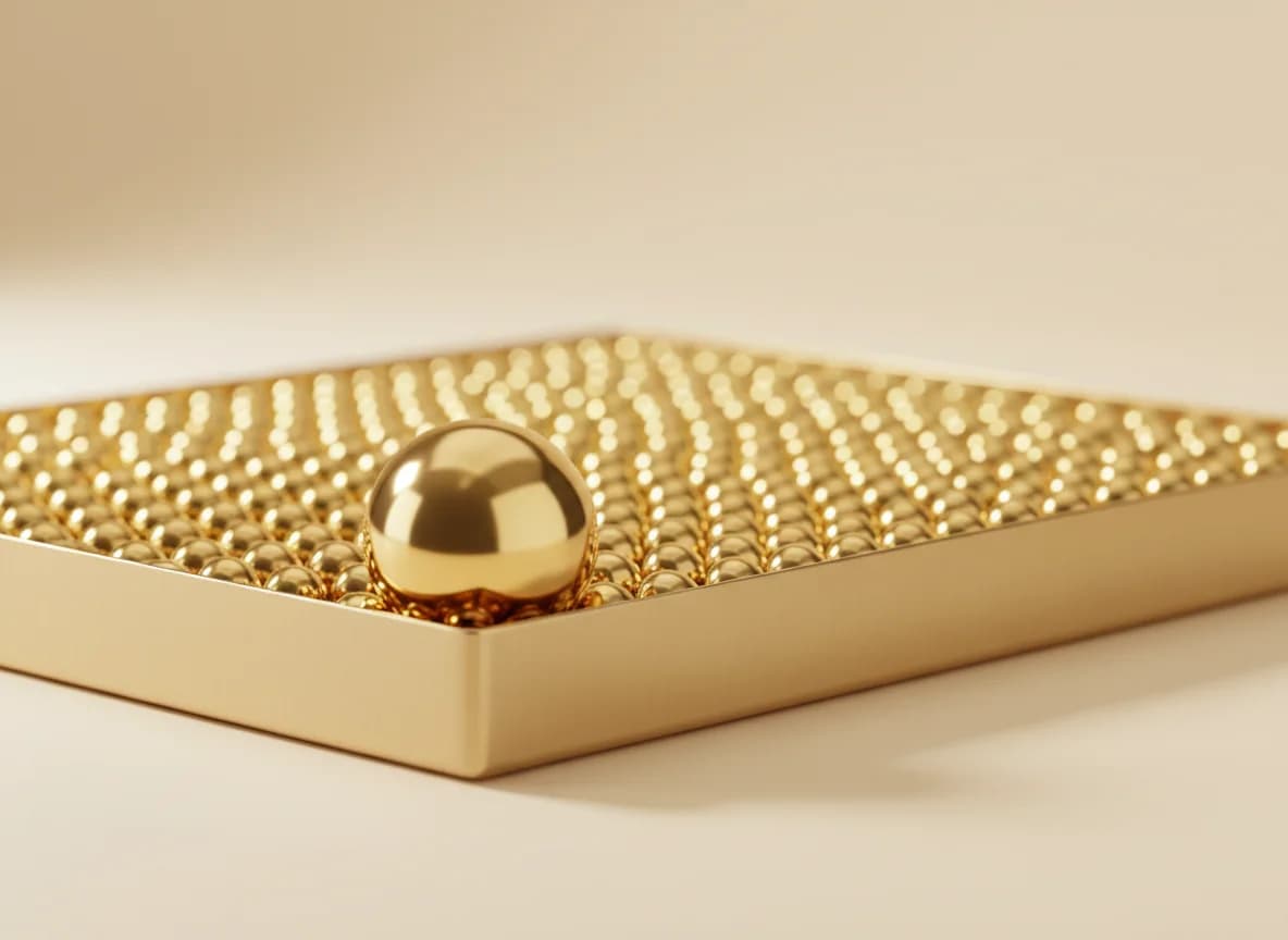 A champagne tray filled with hundreds of small gold spheres and one large gold sphere at the front edge