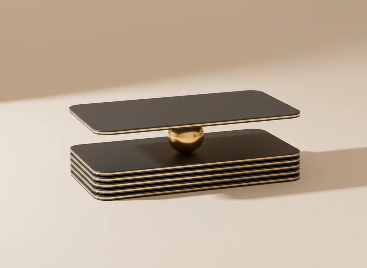 A brass ball balanced on a stack of dark stone tiles