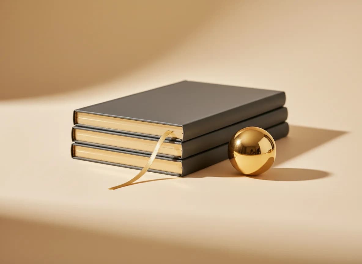 A stack of three graphite journals with gold page edges and a gold ribbon bookmark, a gold sphere beside them