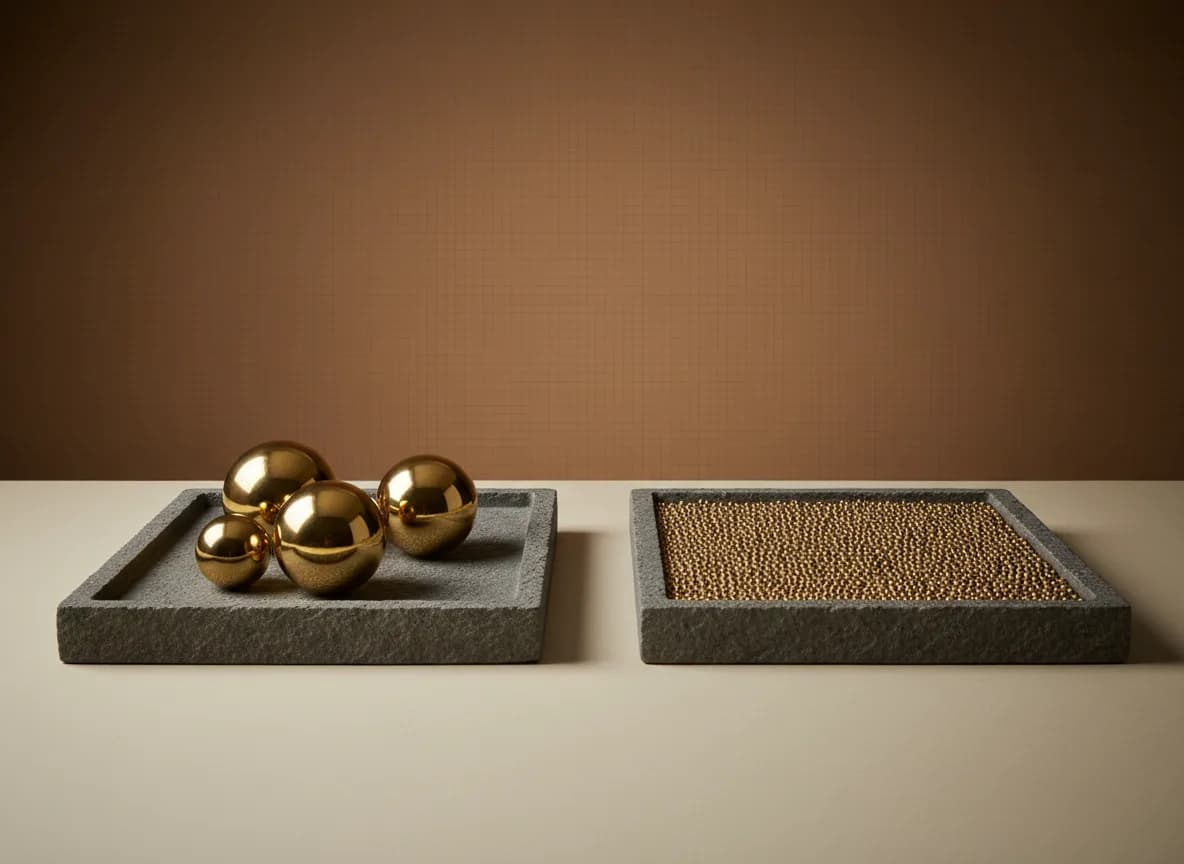 Two stone trays, one holding brass balls and one filled with fine brass grain