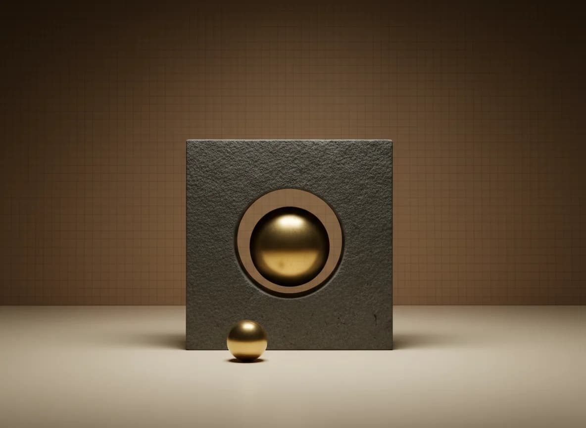 A dark stone block with a round opening, a polished brass sphere resting exactly inside it