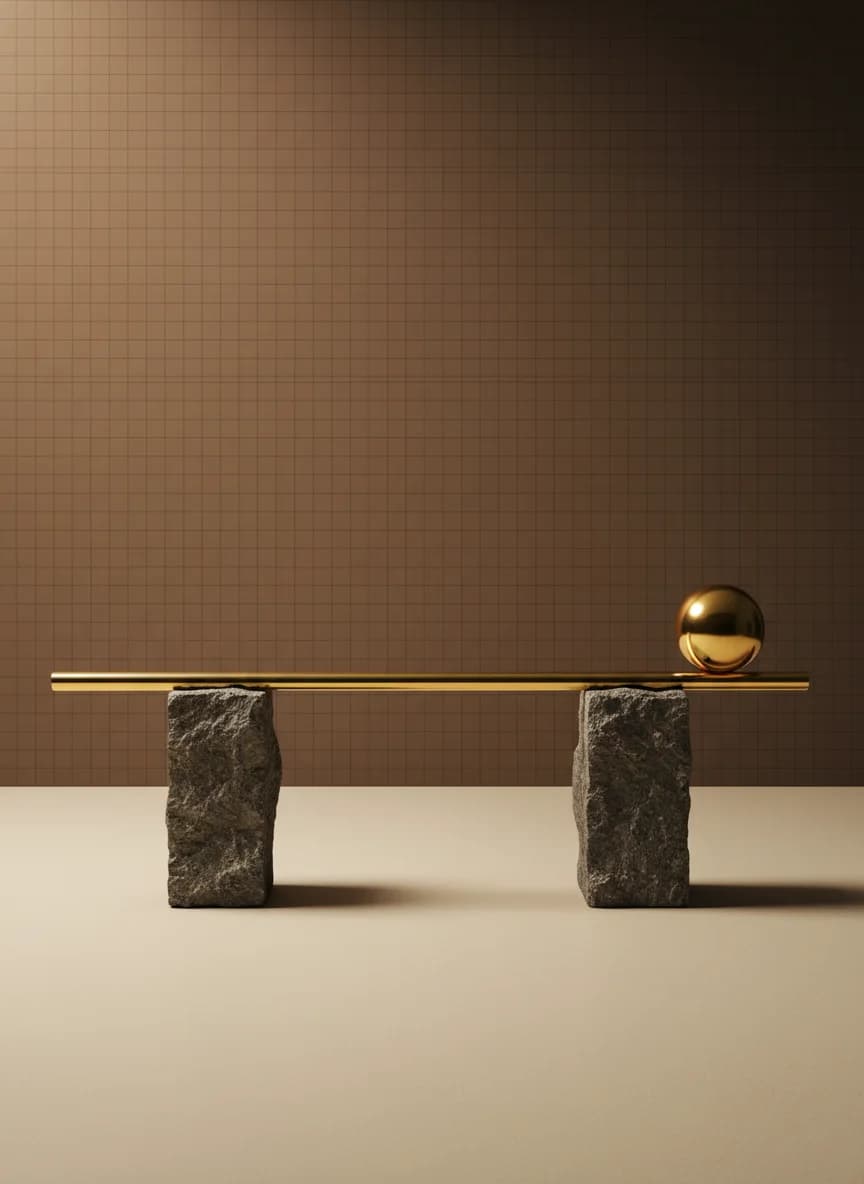 A thin brass rail resting on two stone blocks with a brass ball at one end
