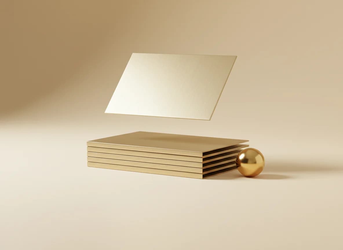 A stack of folded champagne-gold cards with one lifting off and a gold sphere beside it