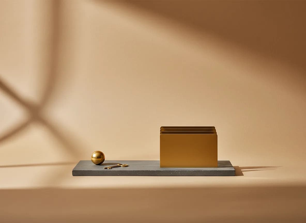 A matte graphite tray holding three polished gold file cards, with a gold sphere and a slim gold key beside it