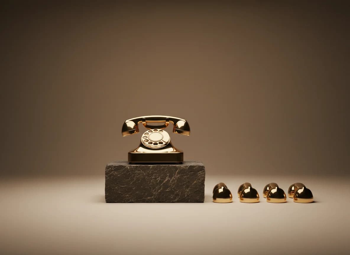 A brass rotary telephone on a dark plinth beside a row of small brass balls