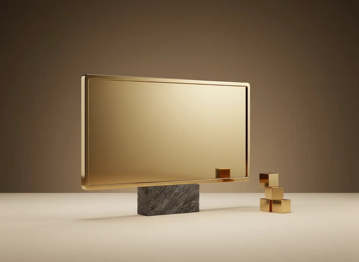 A large brass screen standing on a dark stone base beside small brass blocks