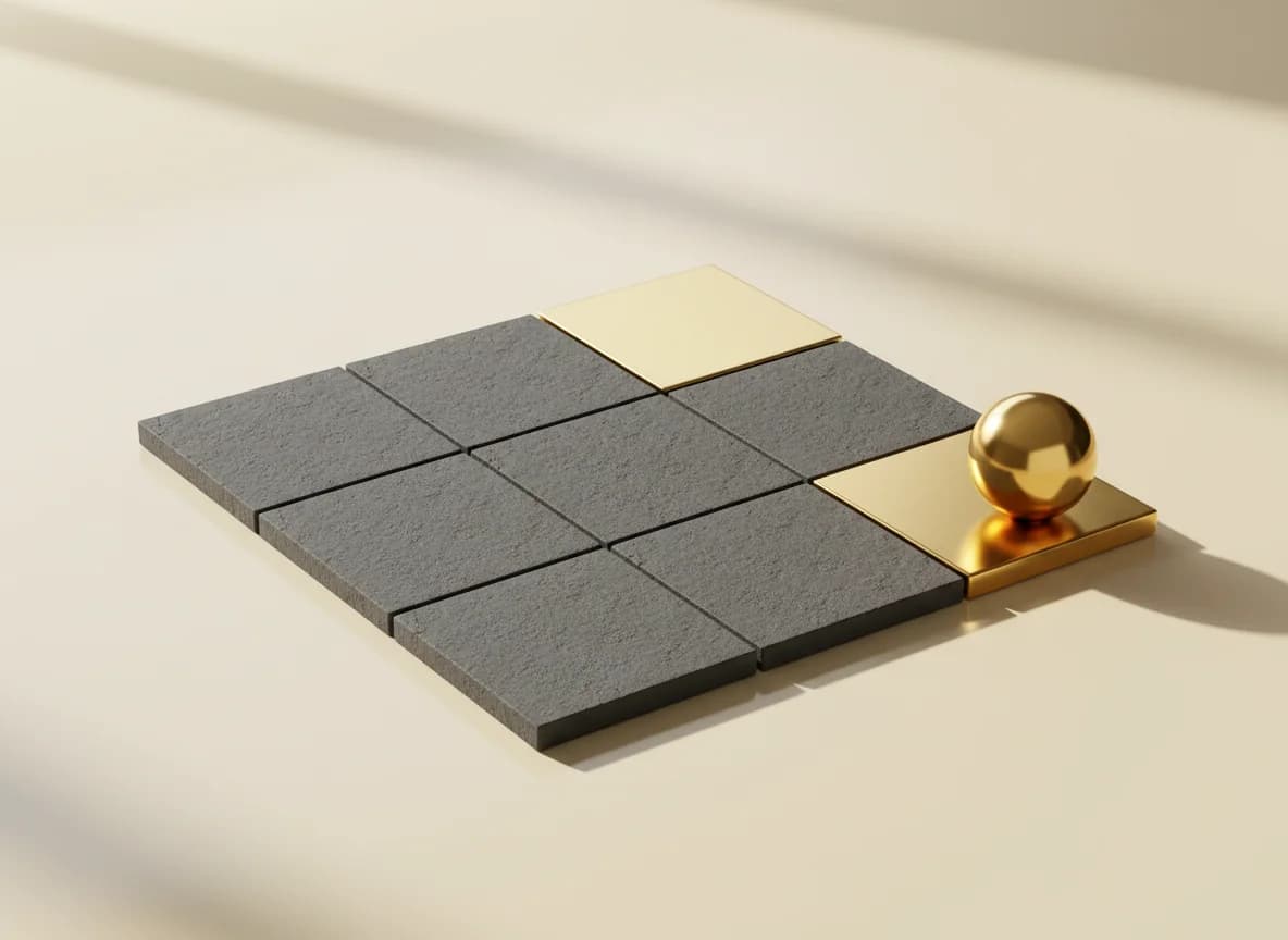 A grid of small graphite tiles laid flat like a photo feed with one polished gold tile and a gold sphere
