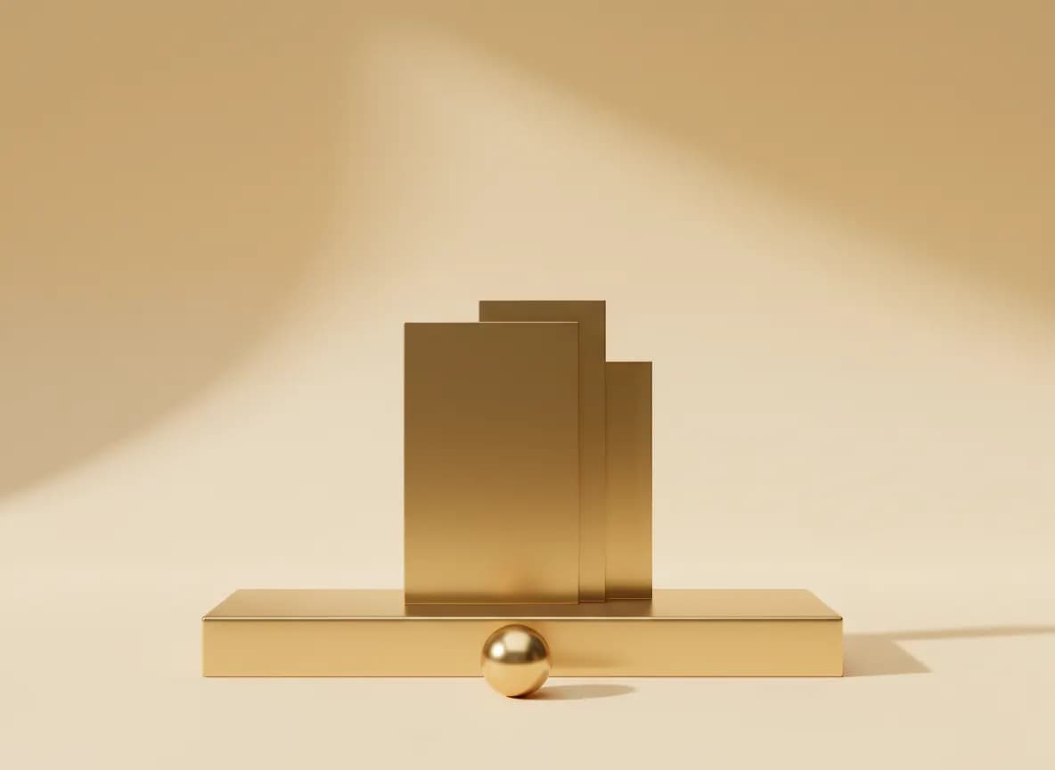 A tall polished gold panel standing like a page on a champagne plinth, two smaller panels leaning behind it and a gold sphere at the front edge