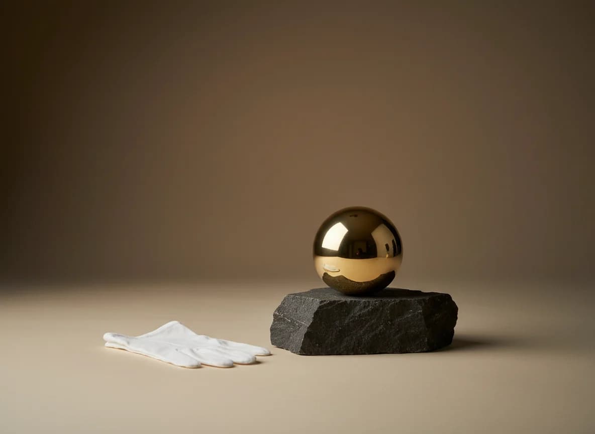 A brass ball resting on a dark stone beside a folded white cloth