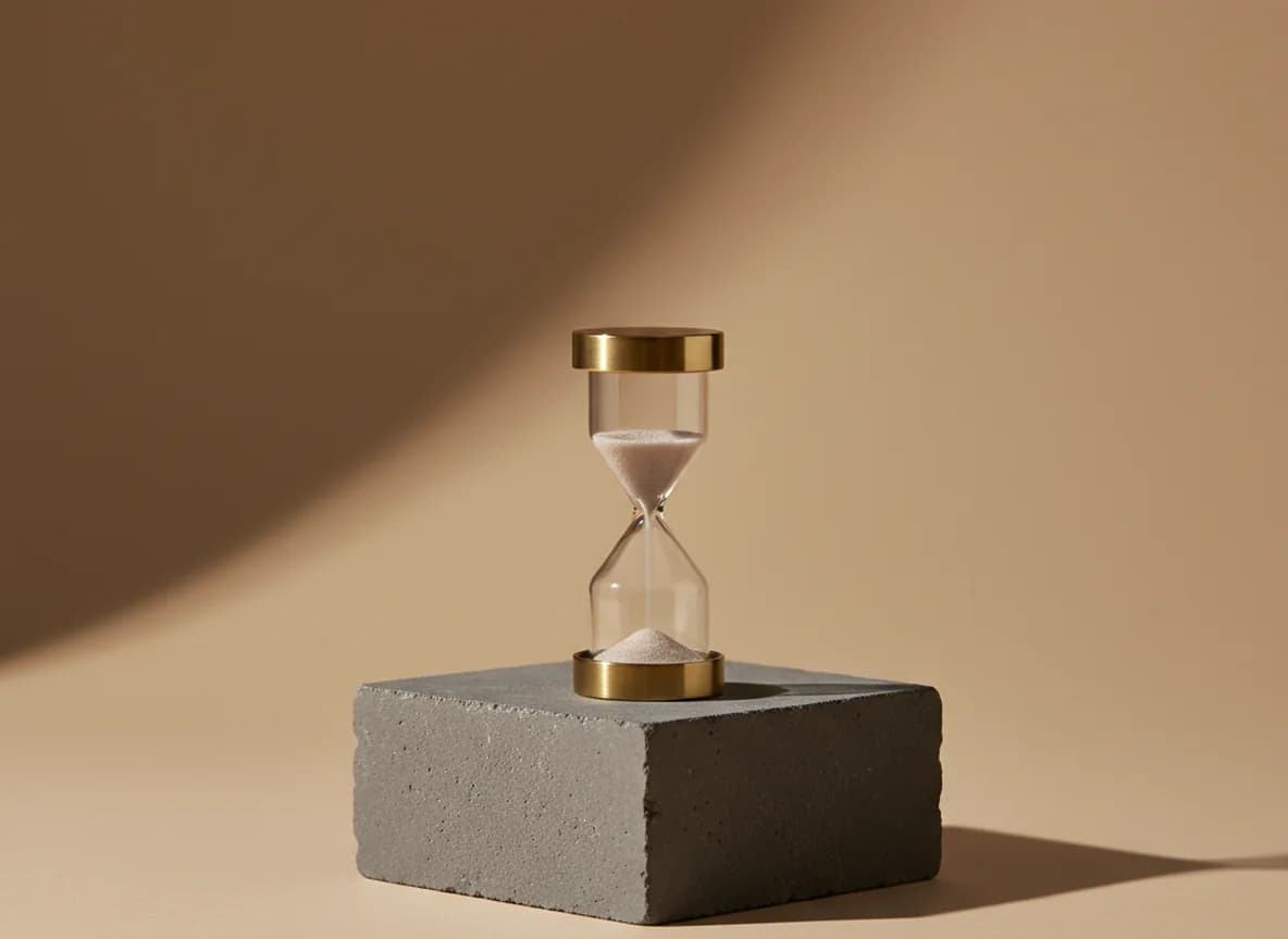 A brass and glass hourglass with sand running out, standing on a grey stone block