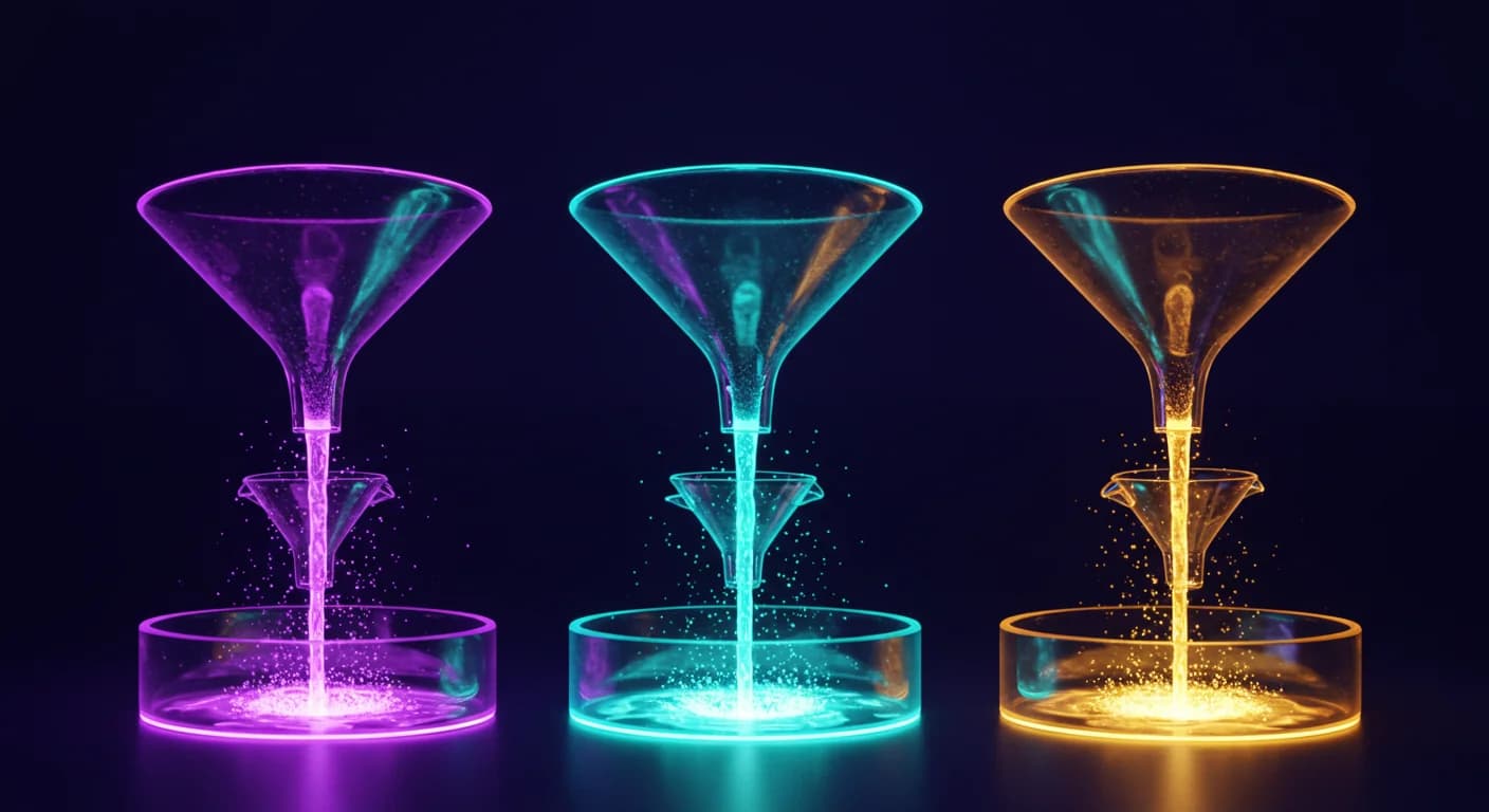 Abstract visualization of full-funnel marketing strategy connecting SEO, paid advertising and campaign data