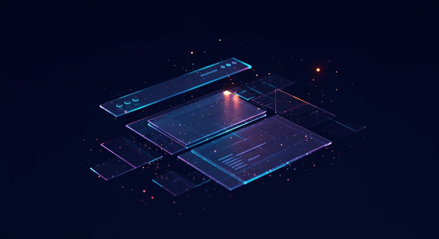 Web design, glass interface panels assembling into a page