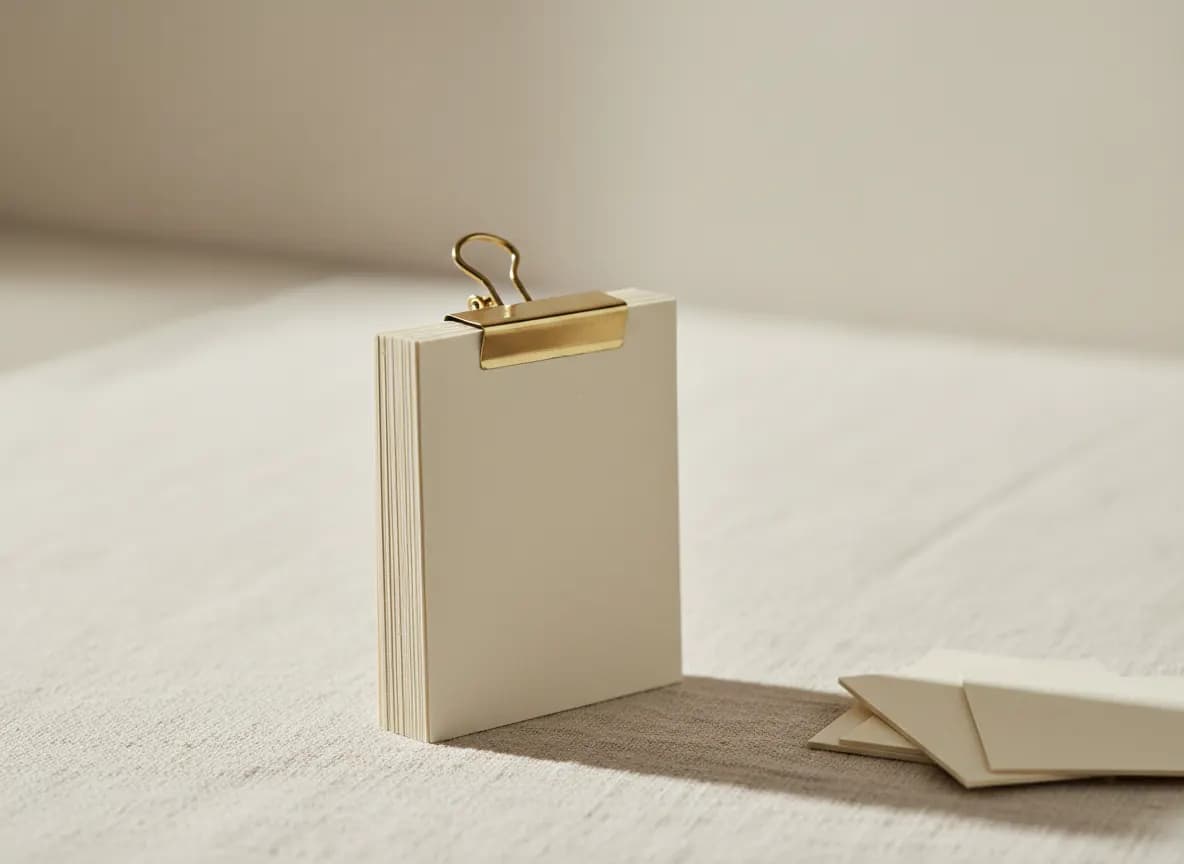 Two small stacks of cream index cards joined into one neat stack held by a single brass binder clip on cream linen, with a few loose cards set aside to the right