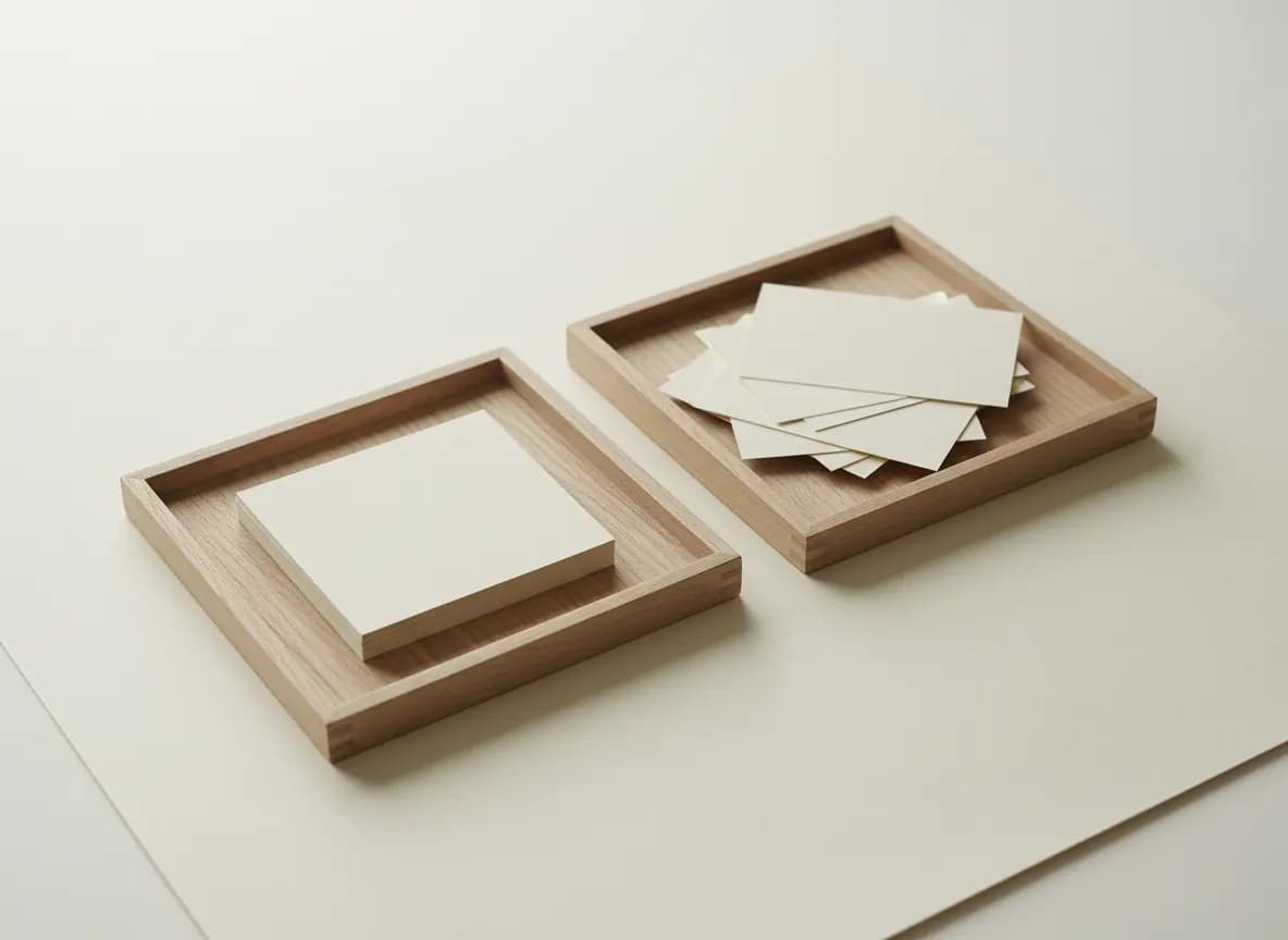 Two shallow pale oak trays on cream paper, the left holding a neat squared stack of cream index cards and the right holding loose cards scattered at odd angles