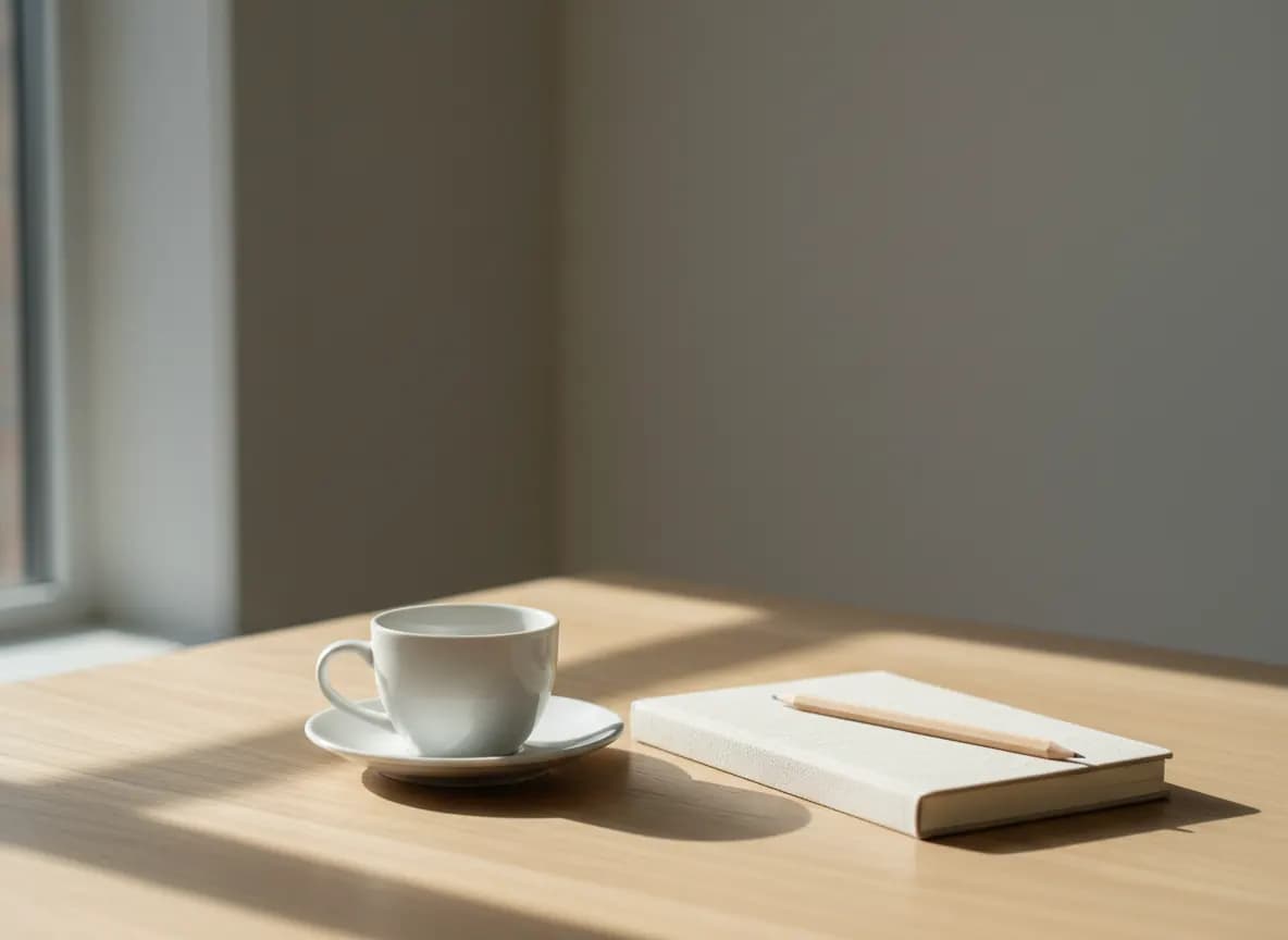 A white ceramic coffee cup on a saucer beside a closed cream linen notebook and a pencil on a pale oak desk, in early morning sunlight