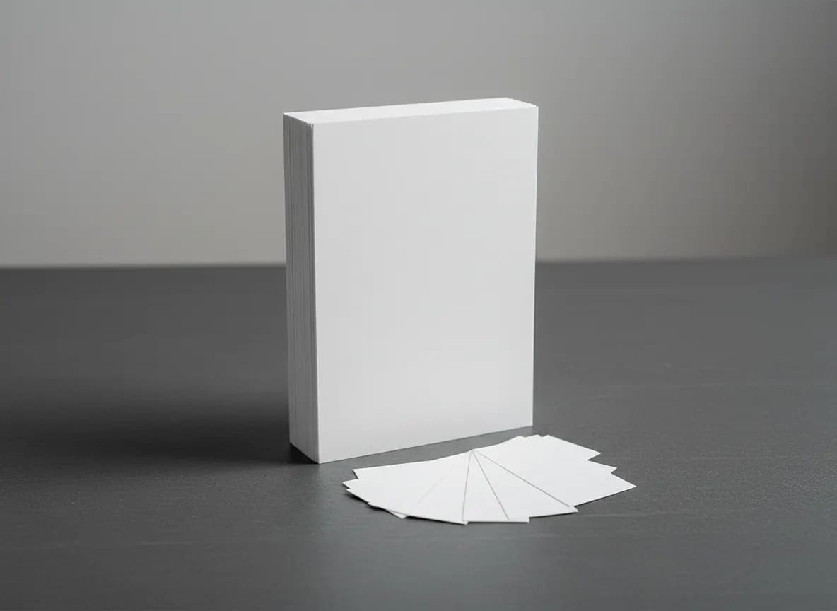 A tall stack of plain white paper cards on a graphite slate desk, with a small handful pulled forward and fanned out in front, in cool soft daylight