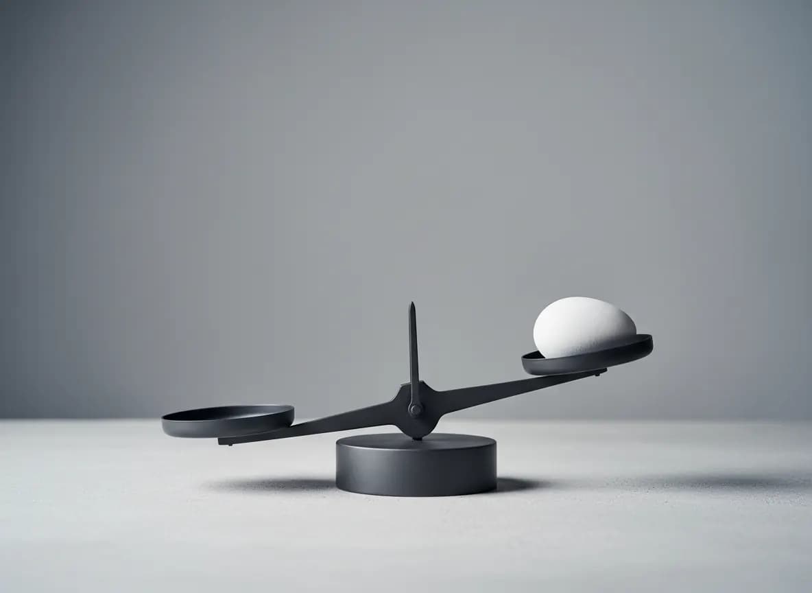 A simple matte graphite balance scale on pale concrete tipping gently to one side under a single smooth white stone, in cool side light