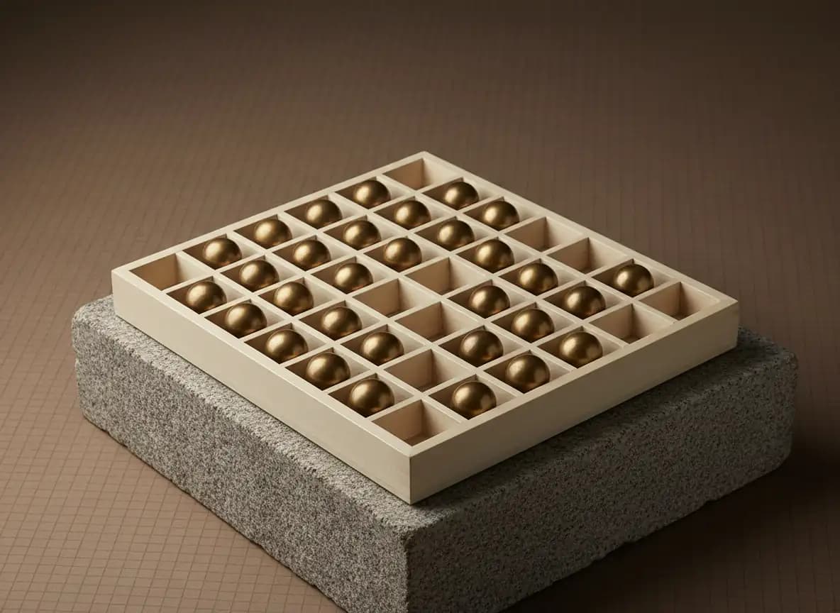 A cream wooden tray divided into small square compartments on a rough grey stone block, with a brass sphere sitting in most of the squares and a few left empty