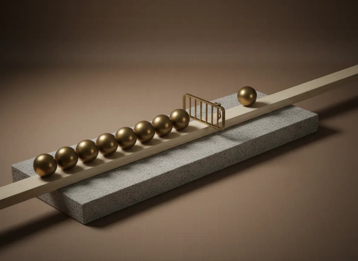 A single file line of brass spheres waiting behind a small brass gate on a narrow cream rail over a grey stone plinth, with just one sphere through the gate on the far side