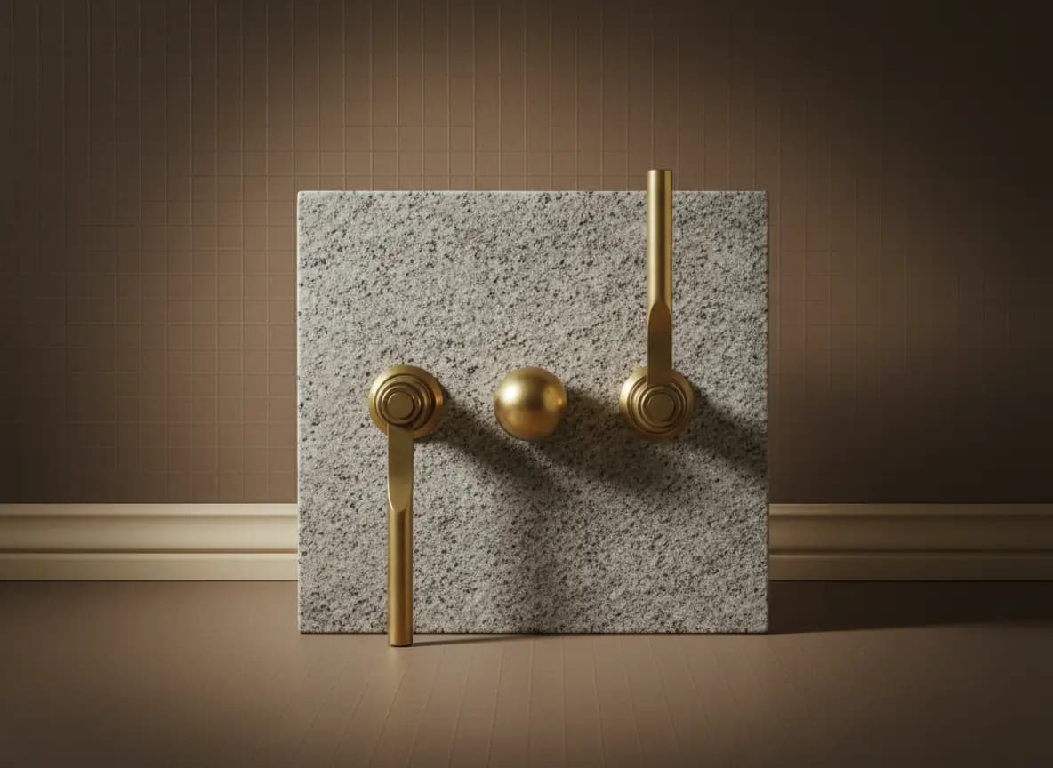 Two brass levers on an upright grey granite panel, the left one pulled down and the right one standing up, with a brass sphere set between them