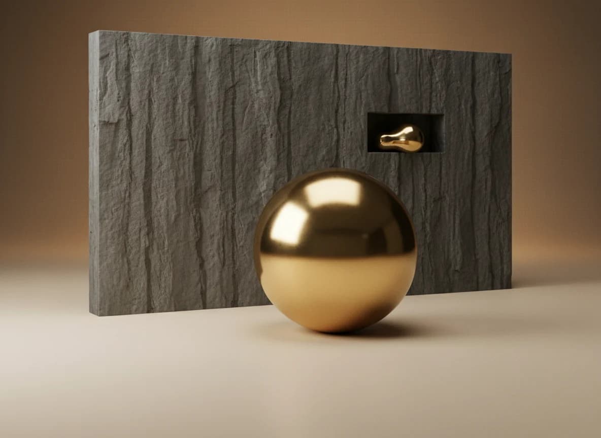 A brass sphere standing in front of a plain dark stone partition wall, with a smaller brass form tucked into a recess cut in the back of the screen, seen from an angle