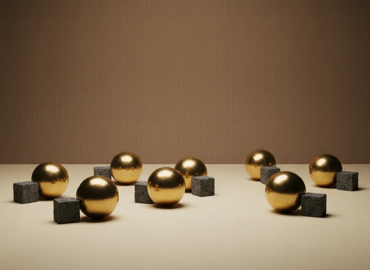 Seven brass spheres scattered across a cream floor, each with a small grey stone cube tucked against it