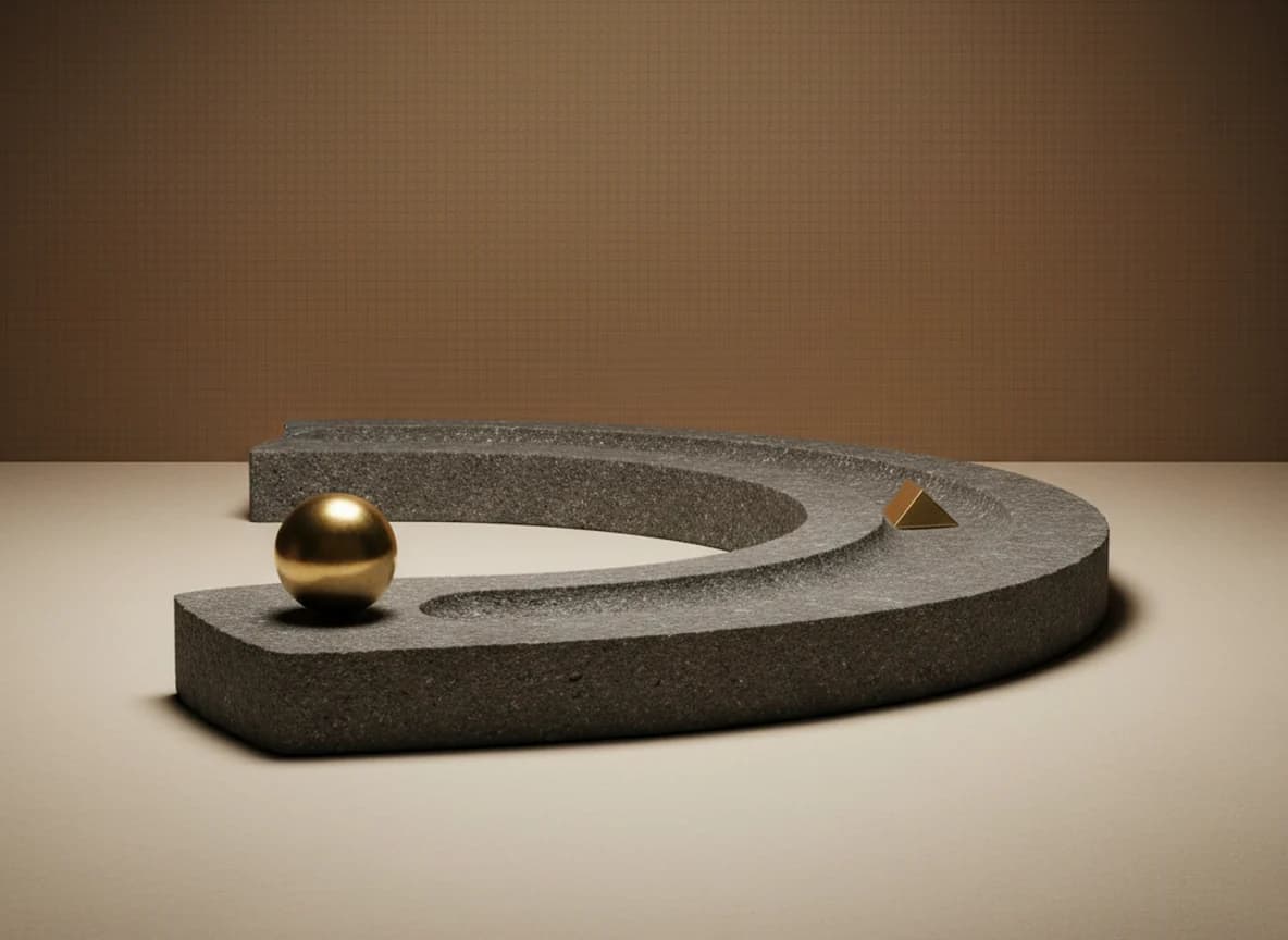 A brass sphere at the mouth of a curved stone channel, with a small brass wedge already set into the bend ahead of it
